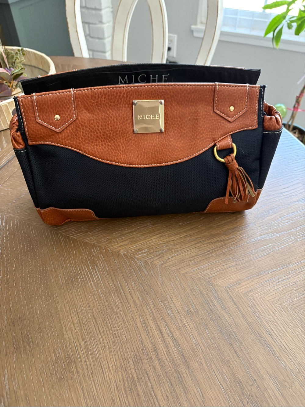 Miche Black and Brown Faux Leather Tote Insert with Gold Plaque